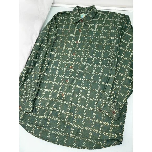 Mutiara Art Bali Men Shirt Lightweight Button Up Geometric Long Sleeve Green XL - Picture 2 of 5